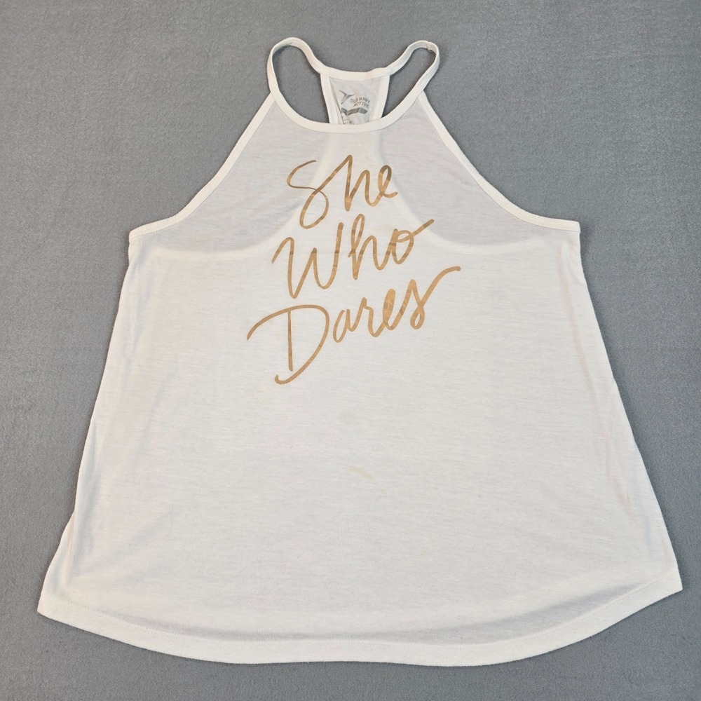 Old Navy Active She‎ Who Dares Graphic Tank Top Women's Size L White Racerback